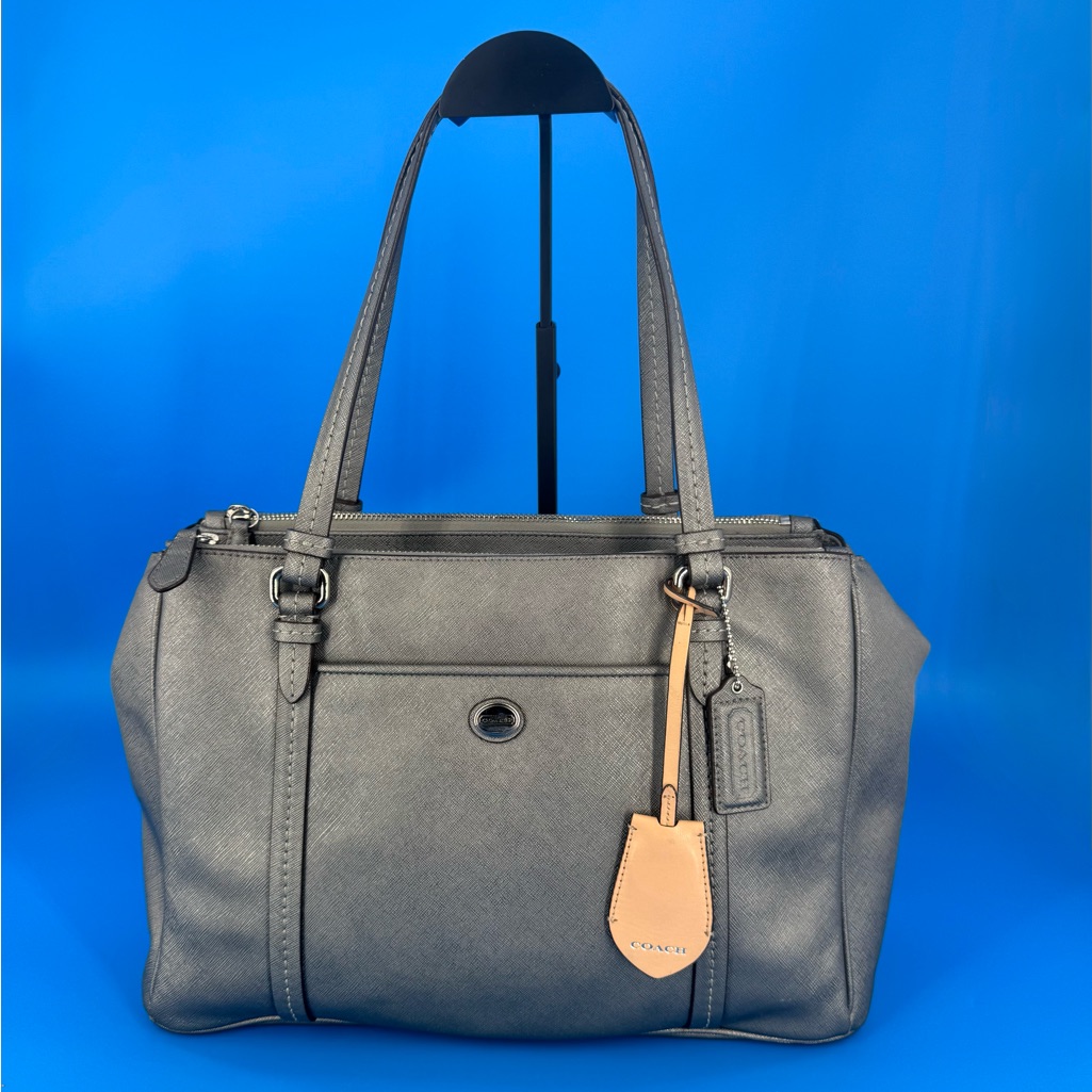 Coach Peyton Silver Saffiano Leather Double Zip Carryall Tote Bag